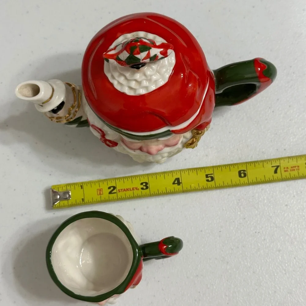 Ciao Claus Santa Harlequin Tea Set Ceramic Teapot & Cup Christmas Seasonal Decor